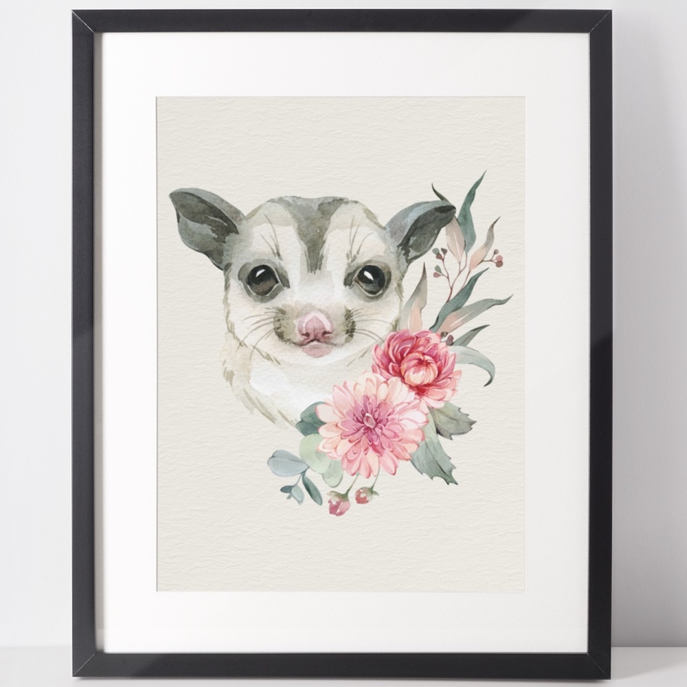 Watercolor Floral Sugar Glider Wall Art Print Poster Unframed - Picture 2 of 9